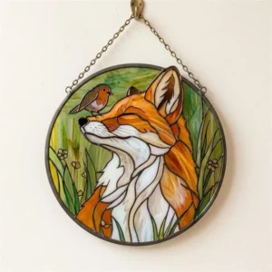 Handmade Stained Glass Fox and Bird Suncatcher